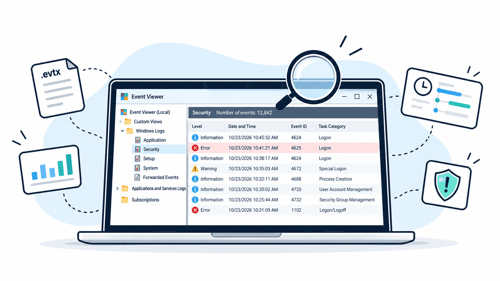 Illustration of Windows Event Viewer Security logs with suspicious events, a magnifying glass, and digital forensic analysis icons.