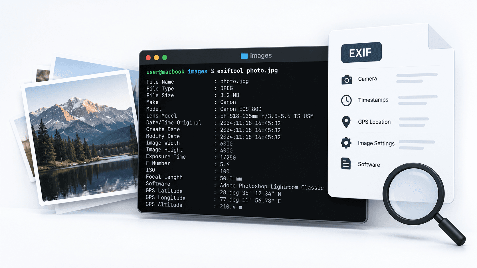 ExifTool image metadata analysis showing camera details, timestamps, GPS information, and image settings in a terminal interface