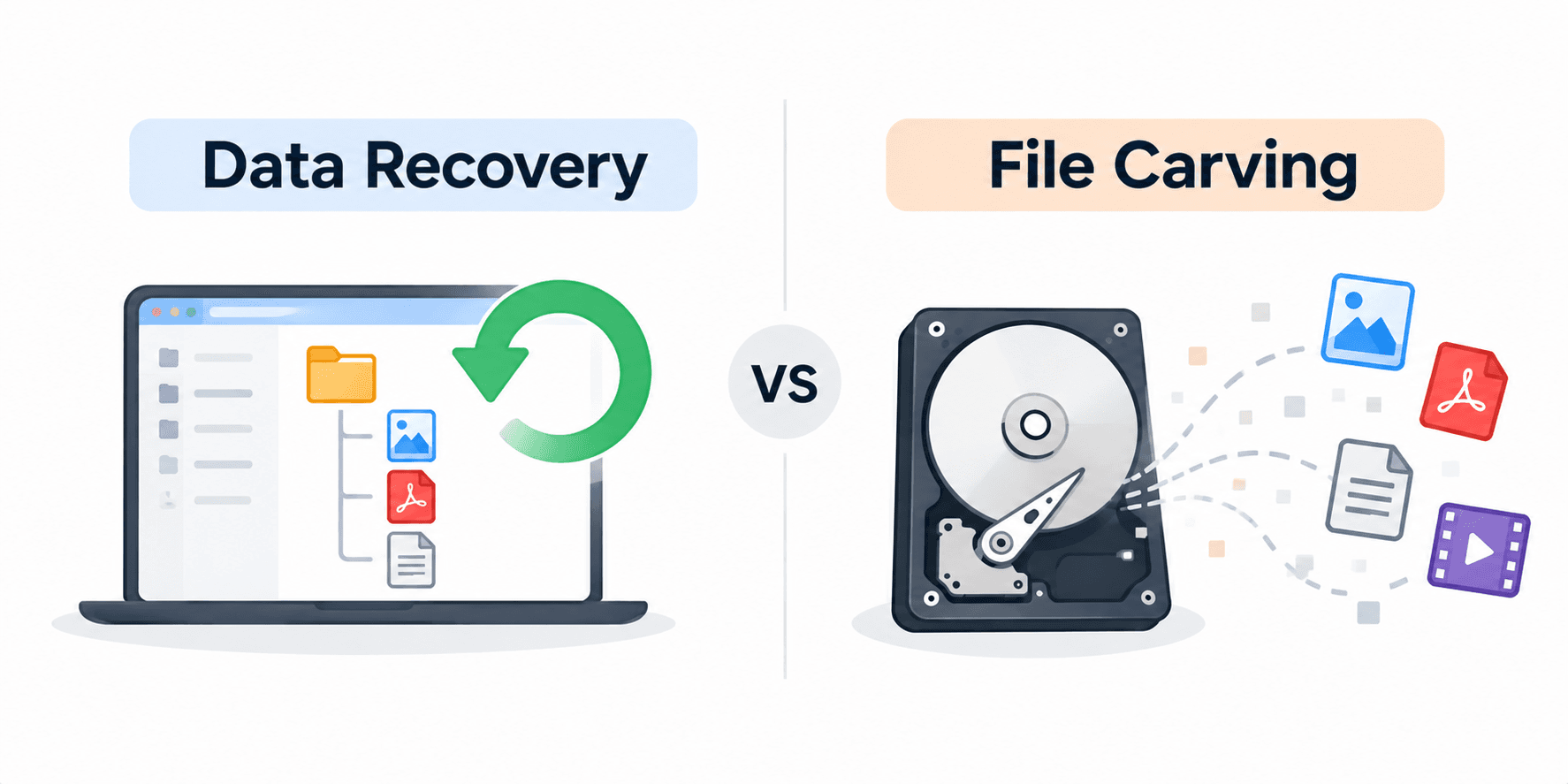 Illustration comparing filesystem-based data recovery with file carving from raw disk data