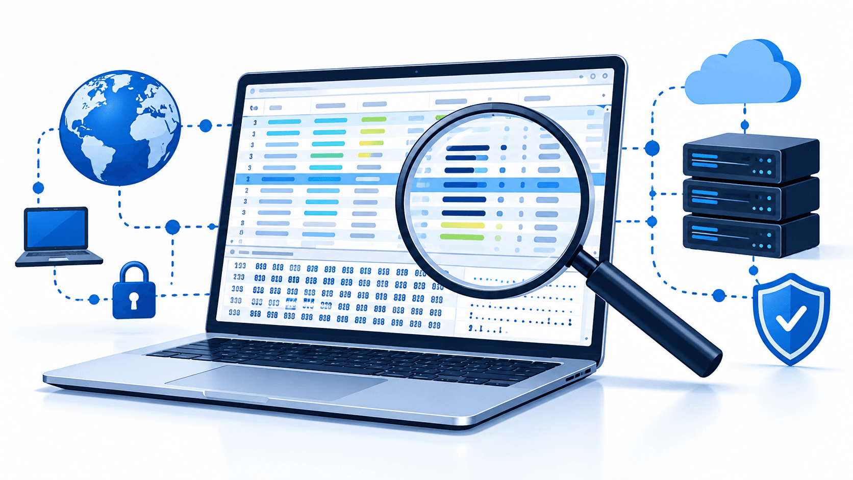 Illustration of a laptop and magnifying glass examining encrypted network traffic connected to servers and security systems.